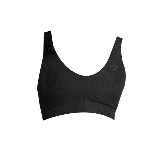A black Gymshark Ribbed Sports Bra with medium support, featuring a ribbed texture and a scoop neckline.