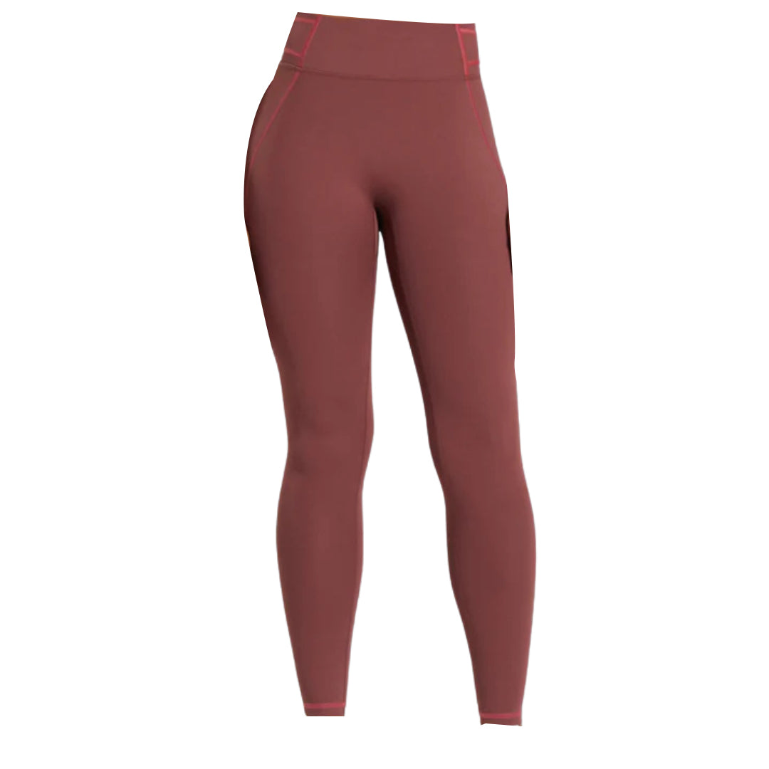Maroon Gymshark high-waisted athletic leggings with side pockets and contrast stitching.