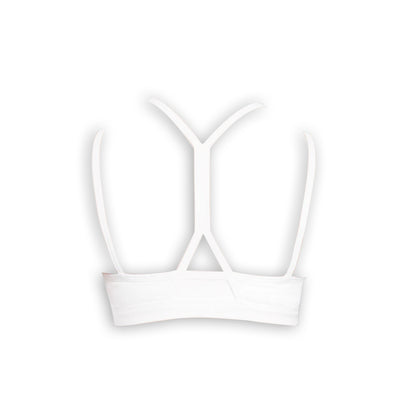 Back view of a white sports bra featuring thin straps and a unique racerback design for optimal support and comfort.