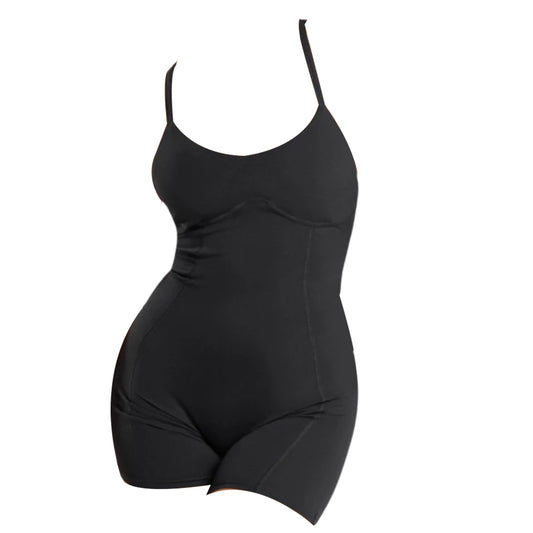 Gymshark Strappy All-in-One black shapewear bodysuit with adjustable straps, designed to smooth and enhance the body’s shape.