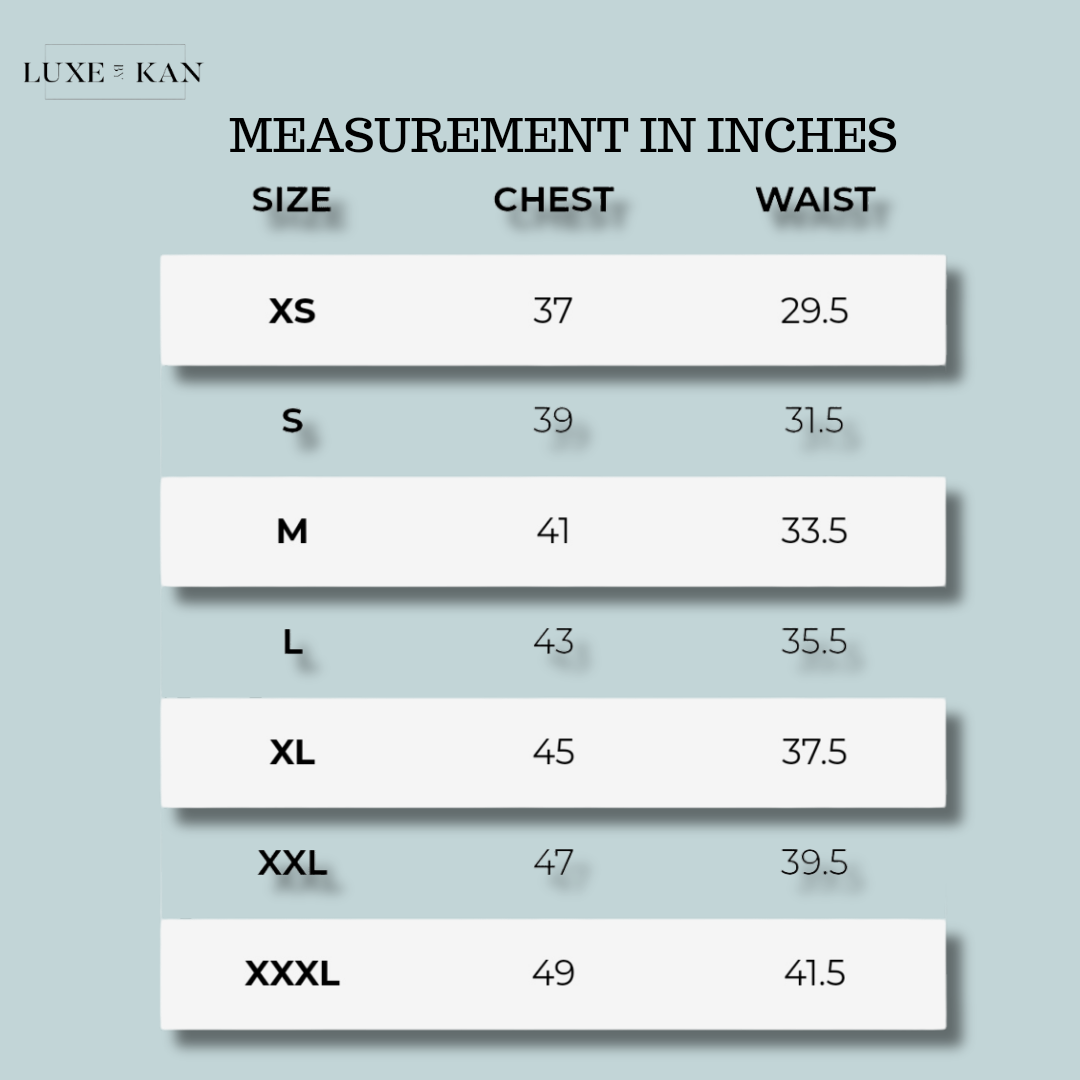Gymshark t-shirt Size chart showing chest and waist measurements in inches from XS (37/29.5) to XXXL (49/41.5).