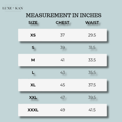 Gymshark t-shirt Size chart showing chest and waist measurements in inches from XS (37/29.5) to XXXL (49/41.5).