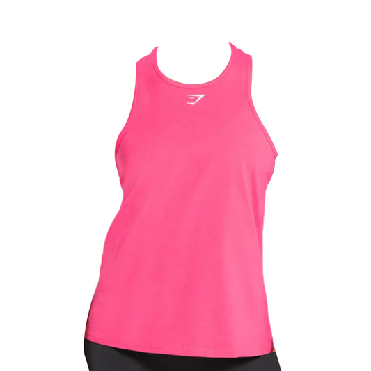 Bright pink women's training cotton tank top with a rounded neckline and fitted silhouette, featuring a small logo on the chest.