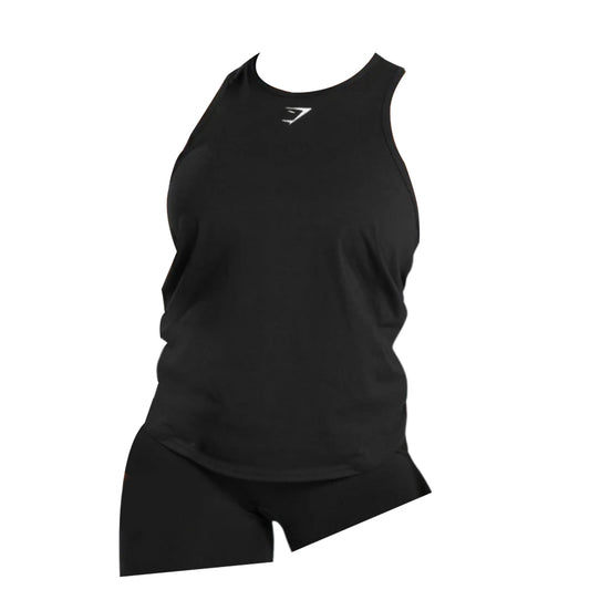 Black sleeveless Gymshark workout tank top featuring a minimalist logo on the chest.