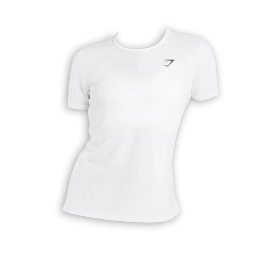 A white Gymshark Training T-Shirt featuring a logo, designed for casual wear with short sleeves.