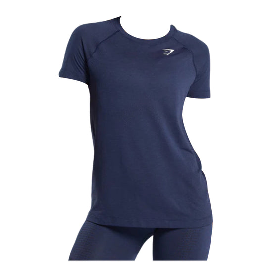 Gymshark navy blue Vital Seamless 2.0 Light T-Shirt with a crew neck and short sleeves, featuring a small logo on the chest.