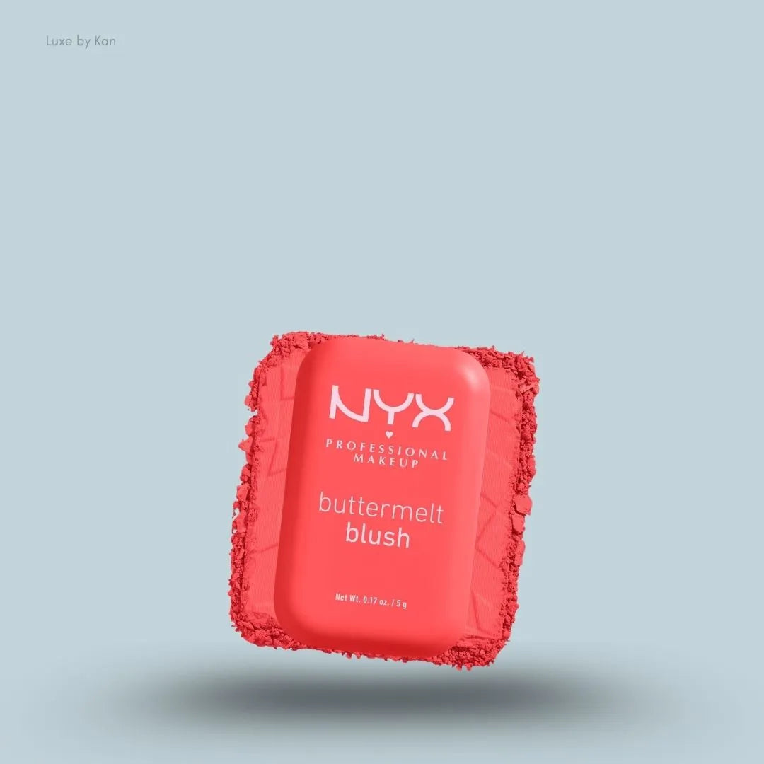 NYX Professional Makeup Buttermelt Powder Blush 12H Fade Resistant on blue background — LBK