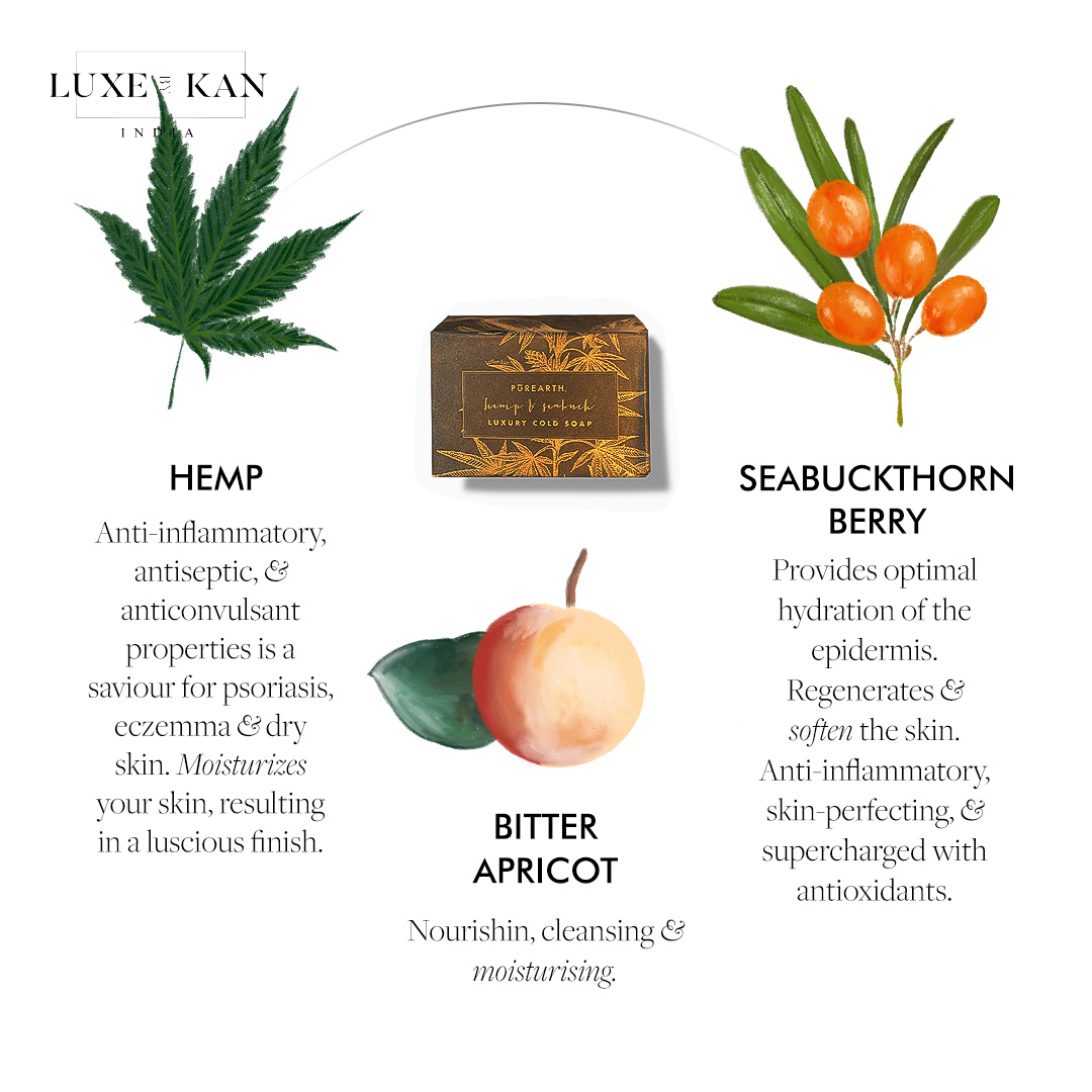 Hemp & seabuckthorn luxury cold soap, highlighting its skin benefits and mood-enhancing properties.