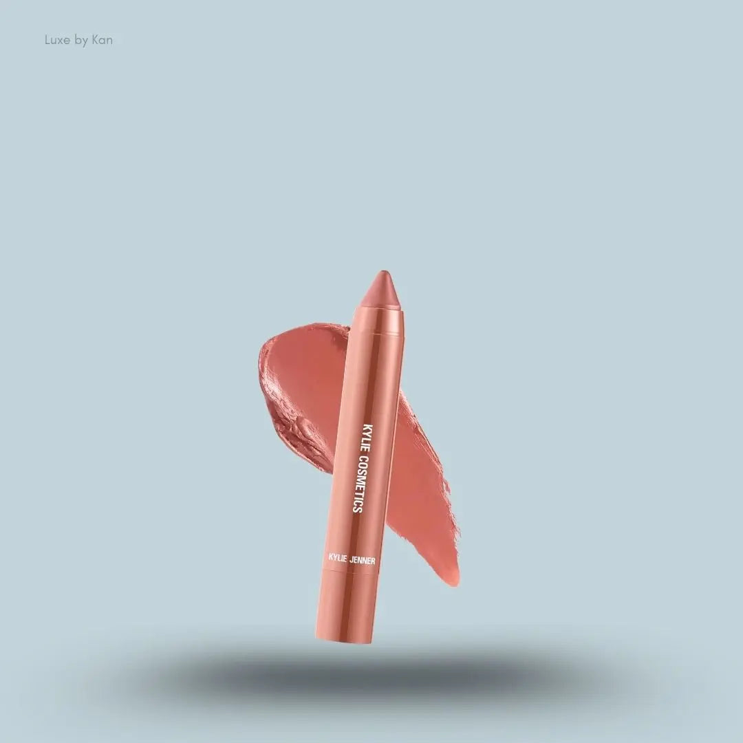 Kylie Cosmetics Matte Lip Crayon stick and swatch on blue background — Luxe by Kan India