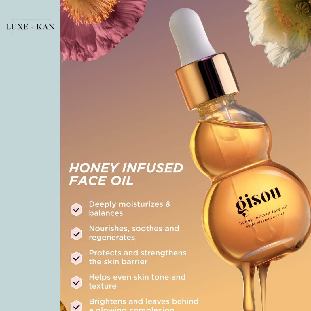 Gisou Honey Infused Face Oil highlighting its moisturizing, nourishing, and skin-enhancing benefits.