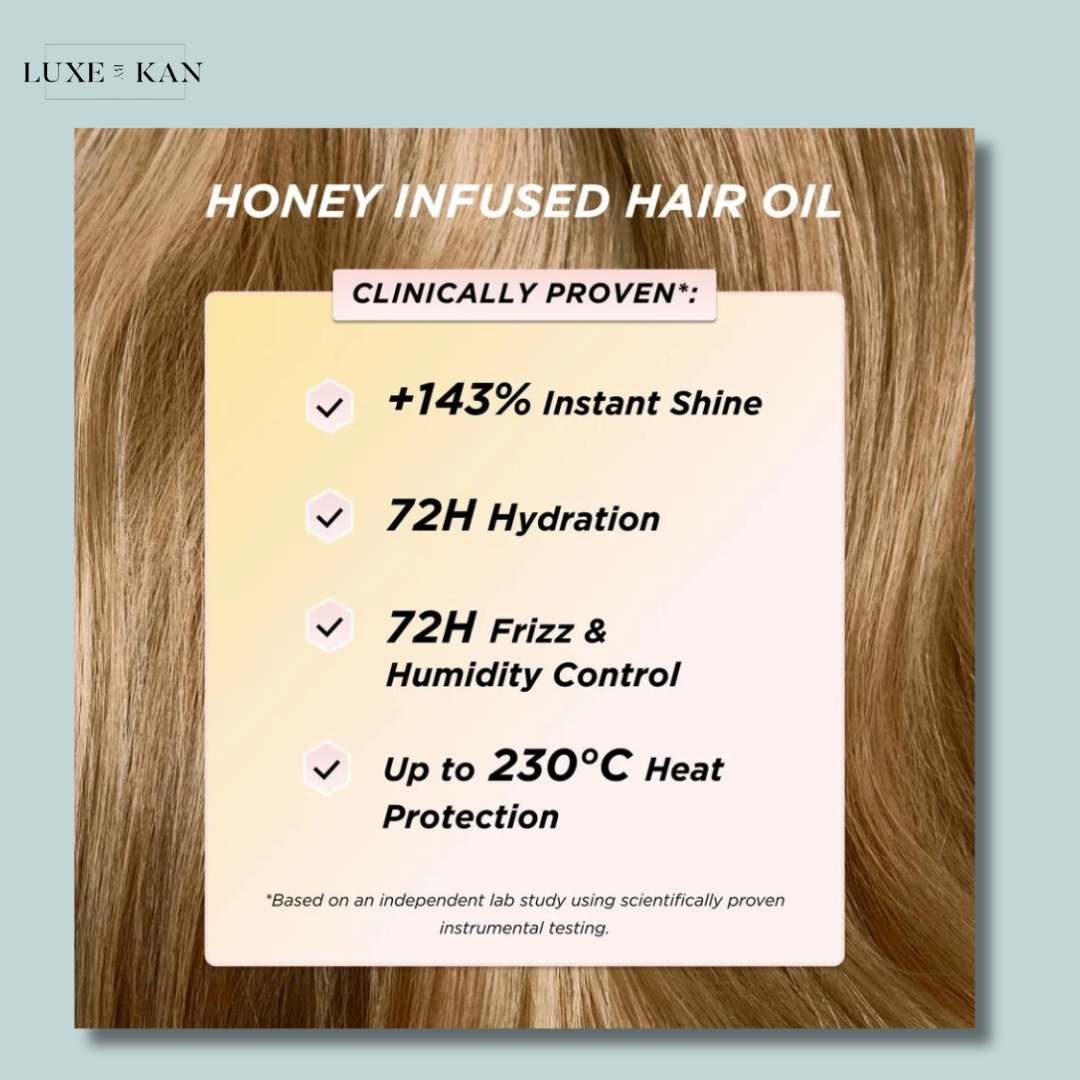 Benefits of Honey Infused Hair Oil: 143% instant shine, 72H hydration, frizz control, and heat protection up to 230°C.