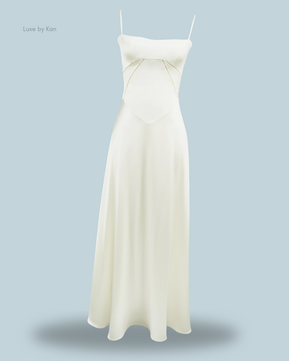 House of CB ivory maxi dress with thin straps and delicate chain detailing.