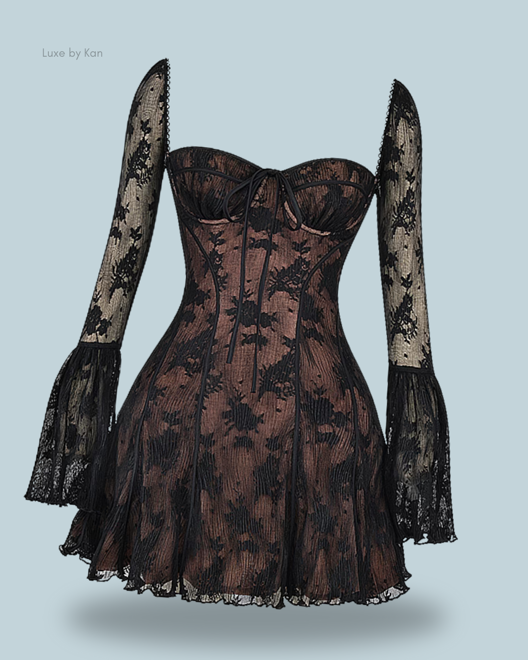 A stylish lace dress with a fitted bodice, sweetheart neckline, and flared, sheer sleeves in a dark floral pattern.