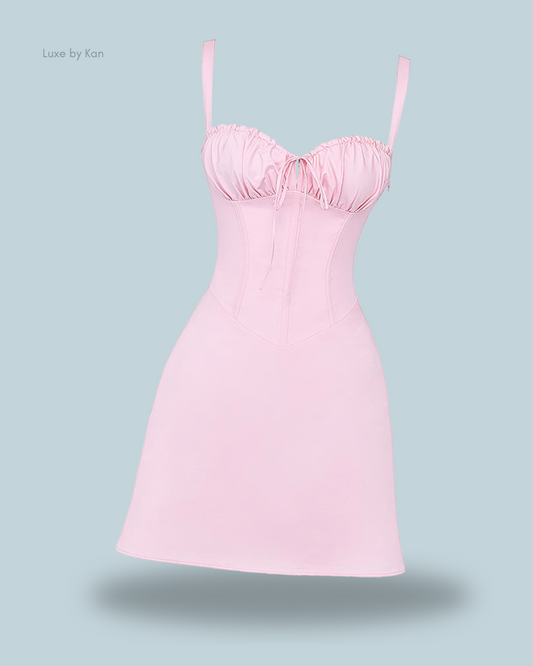 House of CB Carlotta corset mini dress featuring a fitted bodice with elastic ruffle detailing and delicate spaghetti straps.