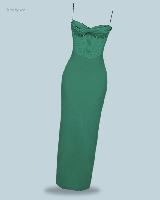 Front view of the House of CB Charmaine corset maxi dress in green, showcasing a sculpted bust and fitted waist.
