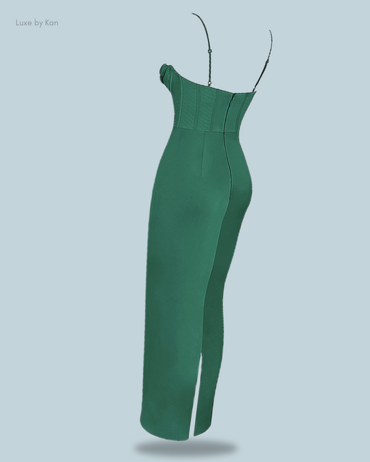 Green House of CB Charmaine corset maxi dress featuring spaghetti straps, a fitted bodice, and a thigh-high slit for a bold, elegant look.