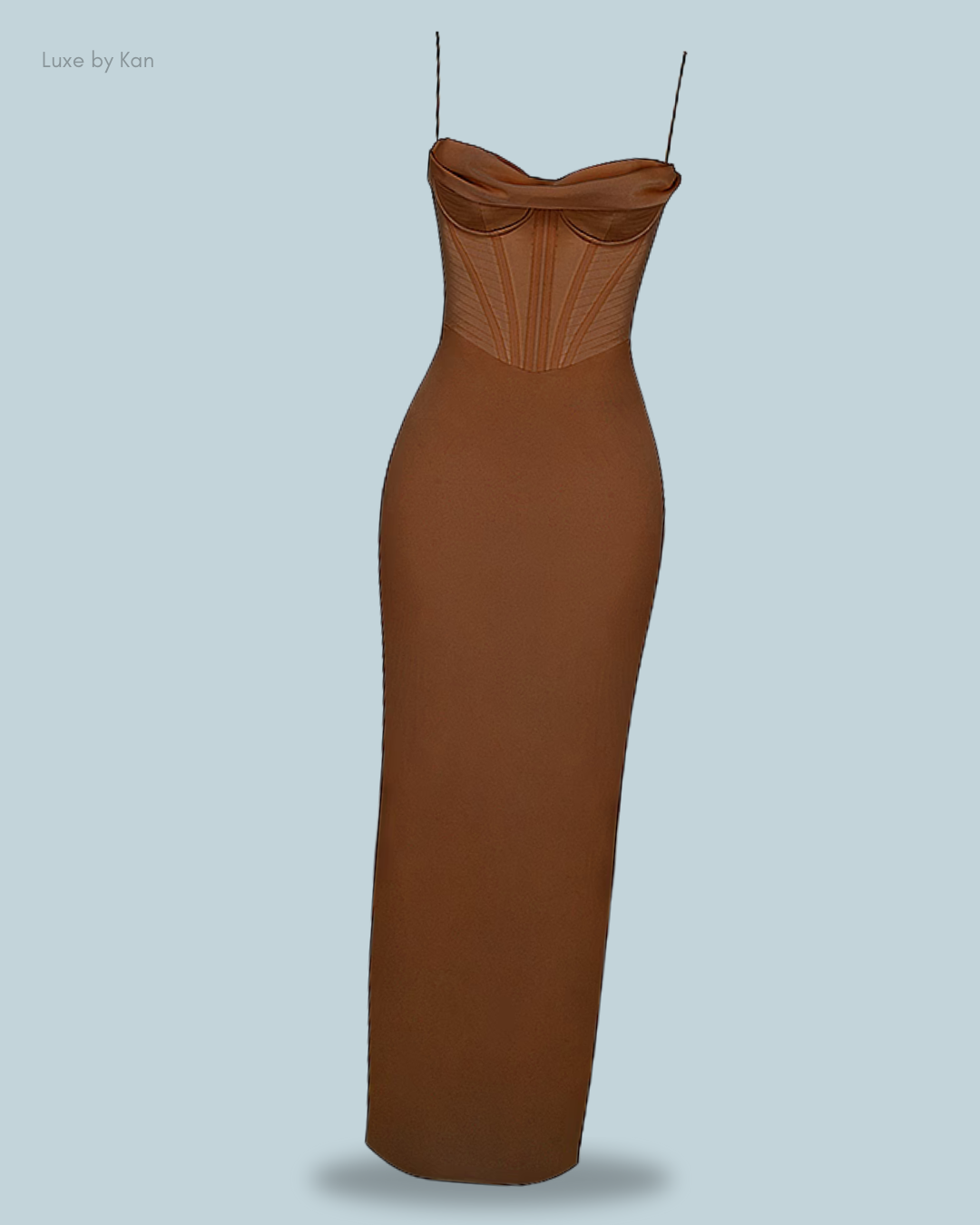 Brown House of CB Charmaine corset maxi dress featuring delicate spaghetti straps, a structured bodice, and a thigh-high slit for a sophisticated, sultry look.