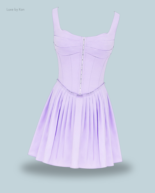 Front view of the lavender House of CB Cupid pleated mini dress, designed with a corset fit and feminine pleats.