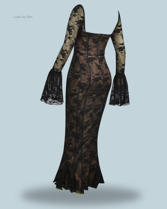 Side view of the House of CB Delilah long sleeve lace maxi dress highlighting its elegant design.