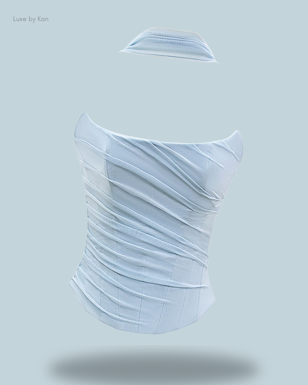 A stylish Light blue House of CB Hallie strapless corset top, featuring a structured fit and a detachable neck scarf for added flair.