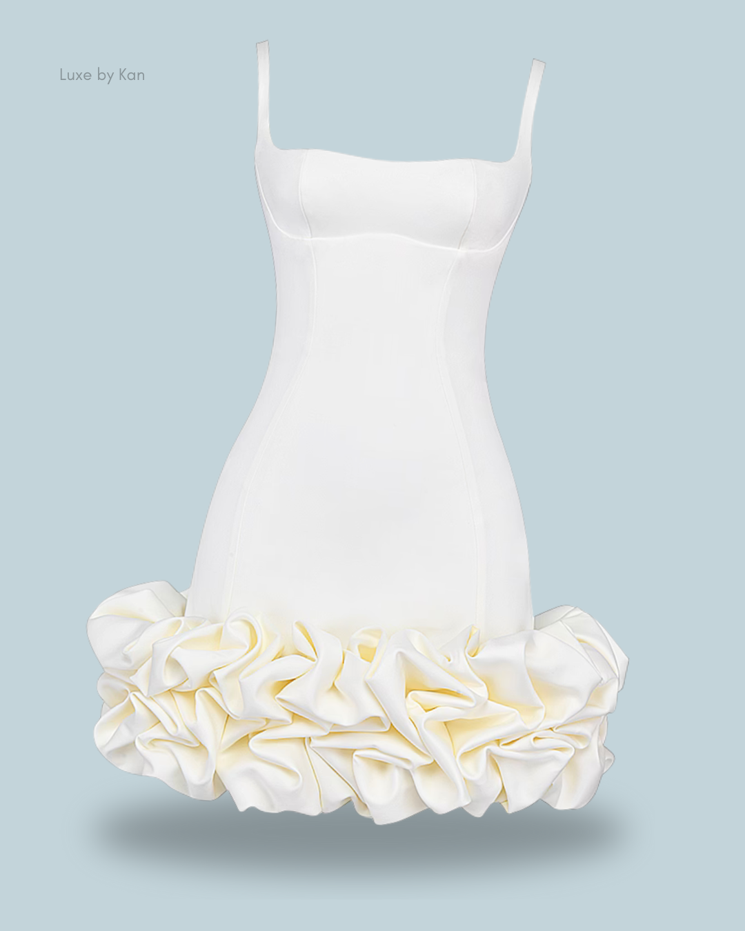 White House of CB Lilou Ivory ruffle-hem dress featuring a fitted bodice and a layered, ruffled hem.