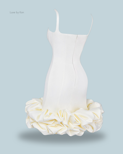 House of CB Lilou Ivory ruffle-hem dress with delicate spaghetti straps and a voluminous ruffled hem.