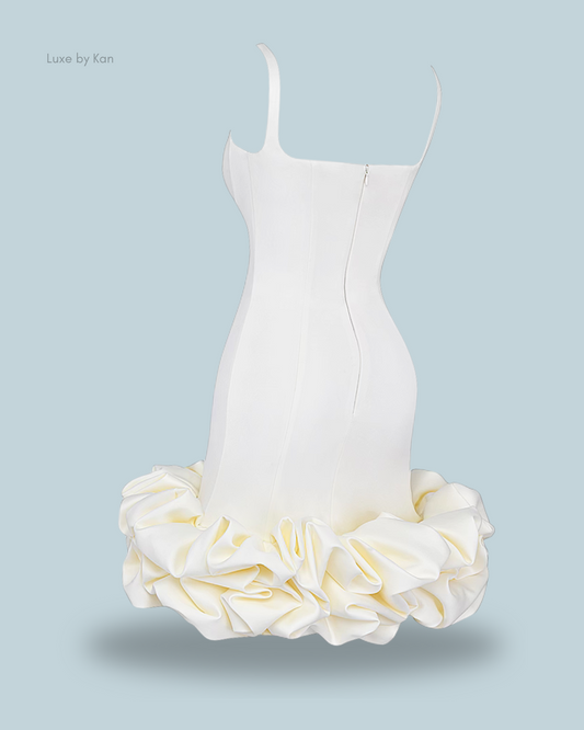 House of CB Lilou Ivory ruffle-hem dress with delicate spaghetti straps and a voluminous ruffled hem.