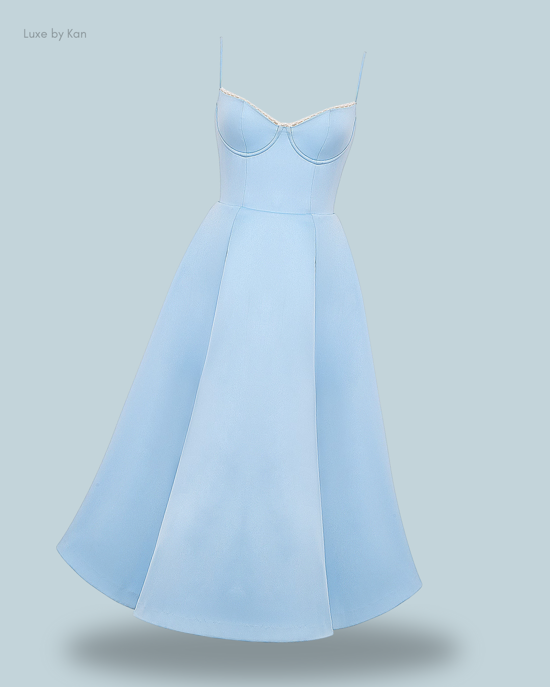Light blue A-line dress with a fitted bodice and delicate lace trim, featuring spaghetti straps.