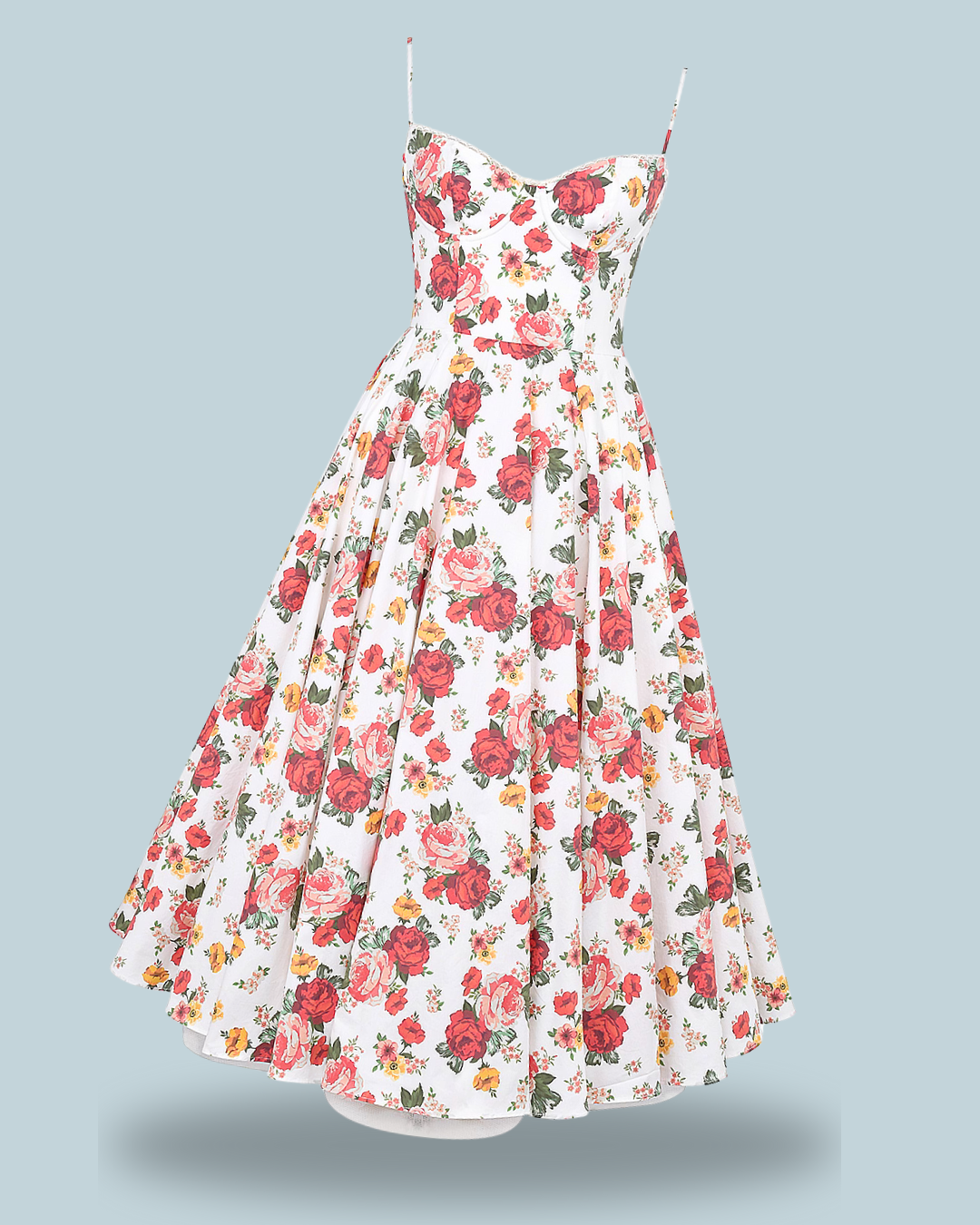 A floral summer dress with a fitted bodice and flared skirt, featuring vibrant red and yellow roses.