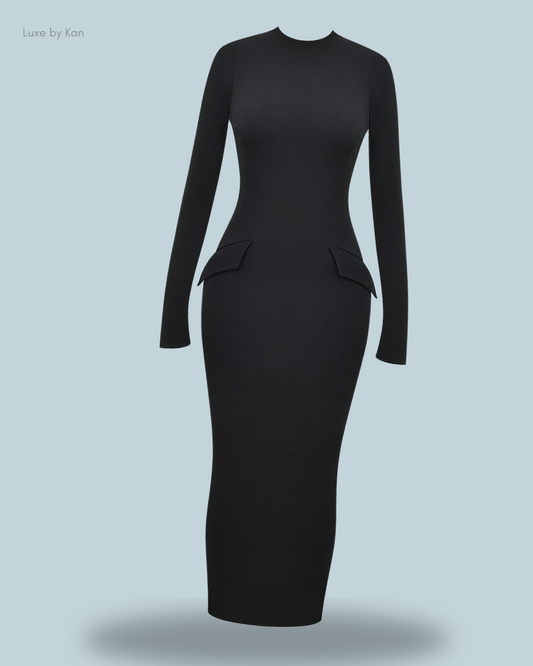 House of CB Marie-Louise black turtleneck maxi dress featuring a fitted silhouette and distinctive pocket details.