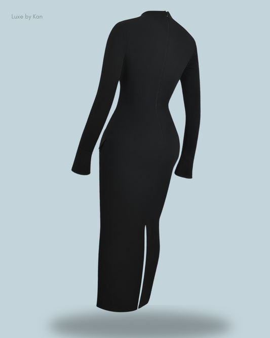 House of CB Marie-Louise black turtleneck long-sleeve maxi dress featuring a high neckline, back zipper, figure-hugging silhouette, and a slit at the hem for a refined finish.