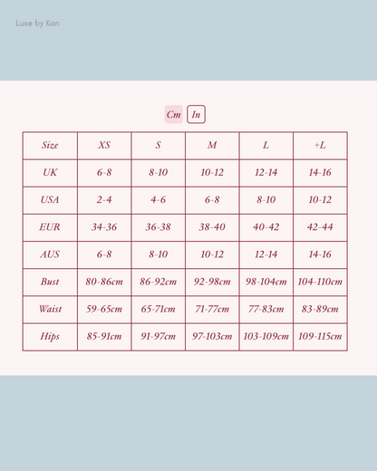 Size chart from Luxe by Kan detailing UK, USA, EUR, and AUS sizes along with bust, waist, and hip measurements in cm and in.