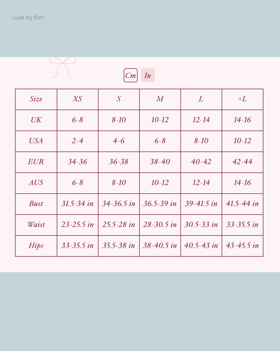 Size chart displaying UK, USA, EUR, and AUS sizing alongside bust, waist, and hip measurements in inches and centimeters.