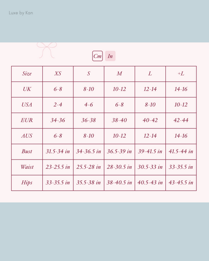 Size chart displaying UK, USA, EUR, and AUS sizing alongside bust, waist, and hip measurements in inches and centimeters.