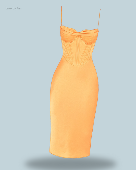 A stylish House of CB Myrna crystal satin corset midi dress featuring a structured bustier top, slender straps, and a sleek, fitted silhouette.