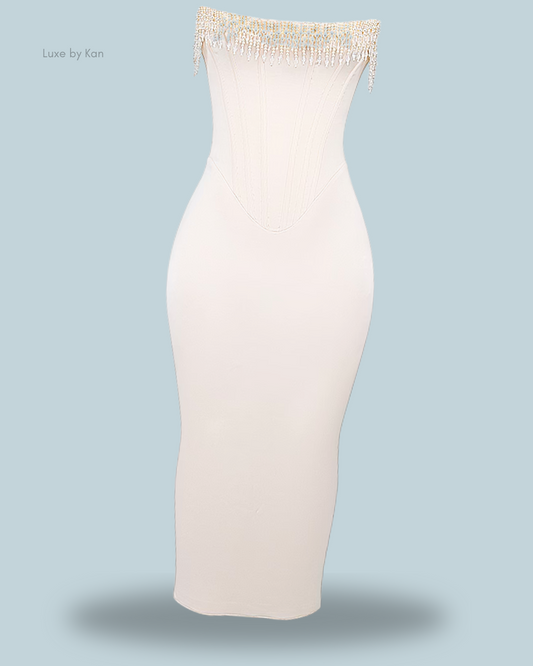 House of CB Nalita vintage cream embellished strapless dress featuring a fitted silhouette and intricate beaded detailing along the neckline.
