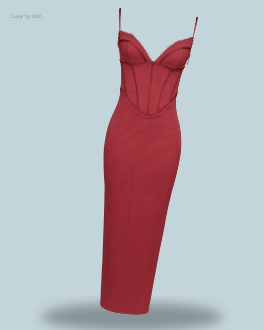 A stylish House of CB Omy red mesh bodycon maxi dress, featuring a sweetheart neckline and delicate spaghetti straps for a bold, feminine silhouette.