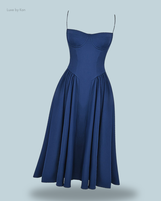 Front view of House of CB Samaria corset midi dress in deep blue.