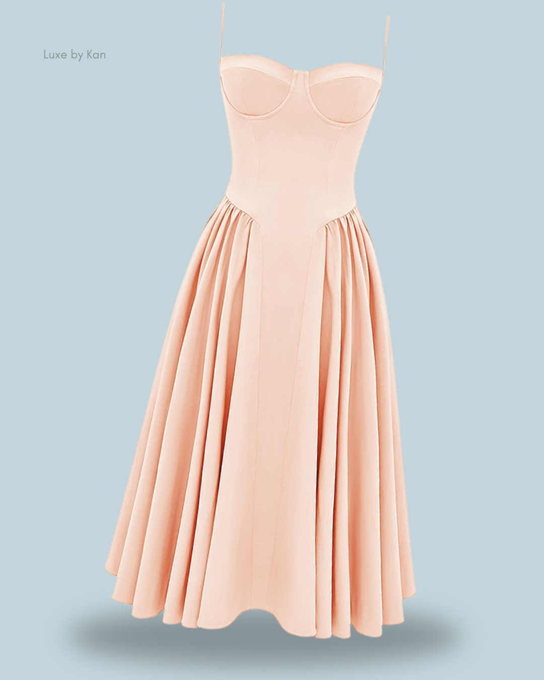 Blush pink, samaria corset midi dress with a fitted bodice and voluminous pleated skirt.