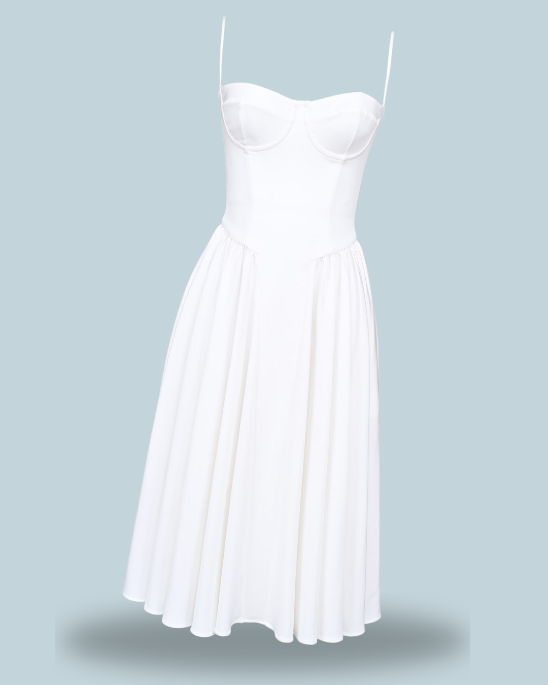 A white House of CB Samaria corset strapless midi dress featuring a structured bodice and a flowing skirt, perfect for an elegant, feminine look.
