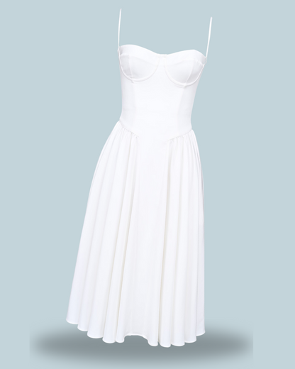 A white House of CB Samaria corset strapless midi dress featuring a structured bodice and a flowing skirt, perfect for an elegant, feminine look.
