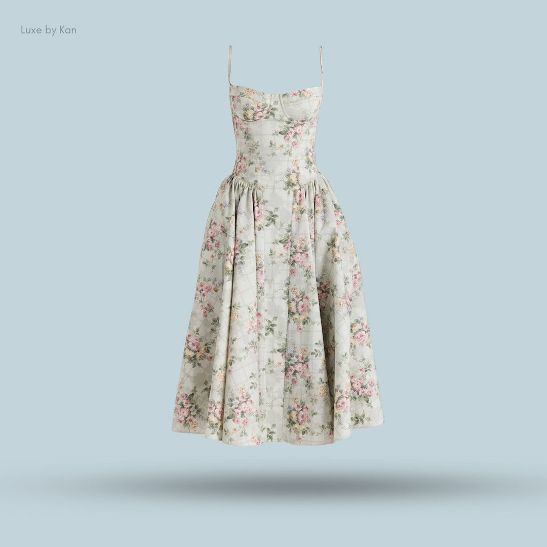 A floral midi dress with spaghetti straps and a fitted bodice, suspended against a soft blue background.