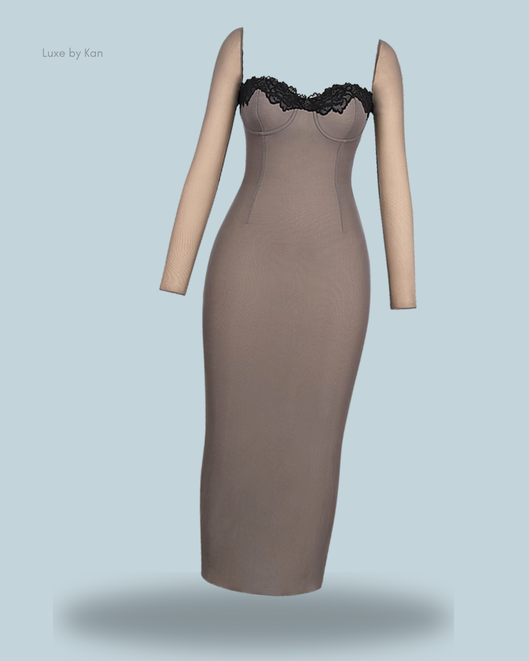 A stylish House of CB form-fitting Seraphina Smoke corset dress in soft taupe, featuring a lace-trimmed sweetheart neckline and sheer mesh long sleeves for an elegant finish.