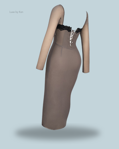 House of CB Seraphina Smoke corset dress featuring long sheer sleeves, a lace-up back, and delicate black lace detailing along the neckline for a romantic, structured look.