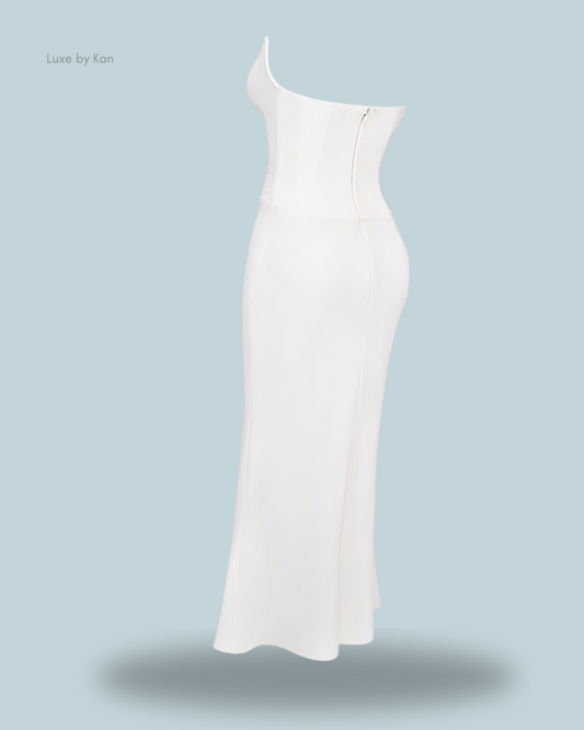 White one-shoulder dress with a fitted bodice and a flattering flared skirt, showcasing a sleek zipper detail at the back.