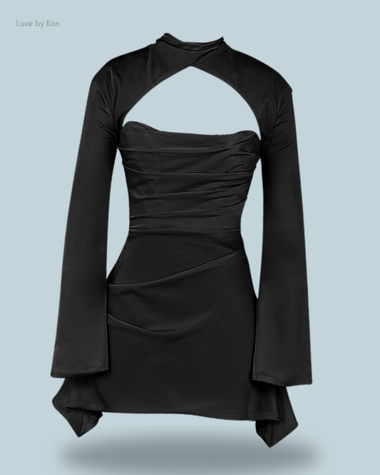 House of CB Toira black draped corset dress featuring a structured bodice, long sleeves, a front cut-out, ruched detailing, and an asymmetric hem for a bold, sculpted silhouette.