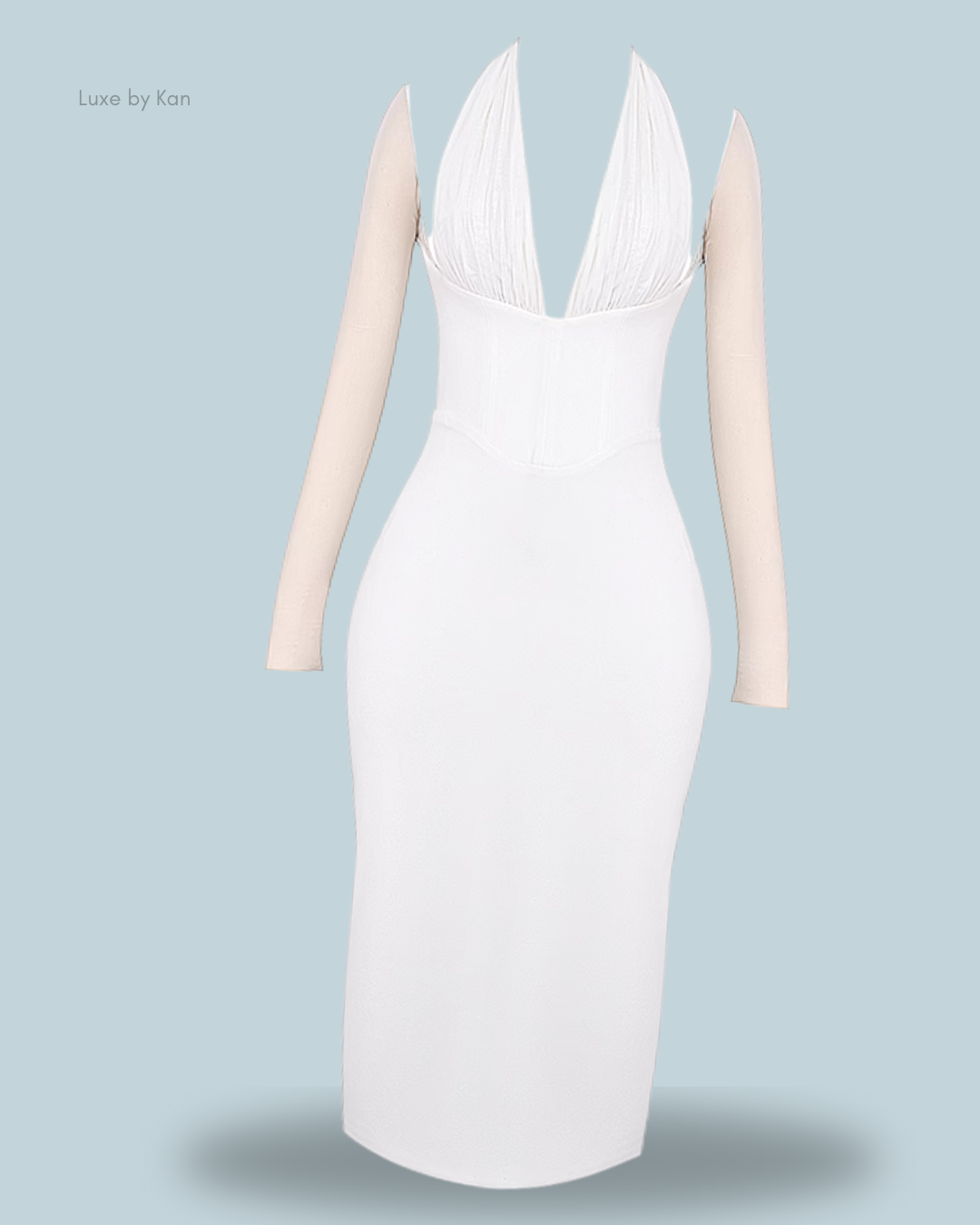 White yasmin white plunge midi dress featuring deep V-neck, pleated bodice, and long nude sleeves.