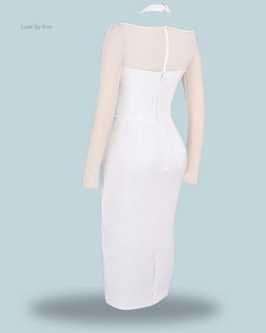 House of CB Yasmin white plunge midi dress featuring sheer long sleeves, a fitted silhouette, a back zipper, and a smooth, elegant finish.