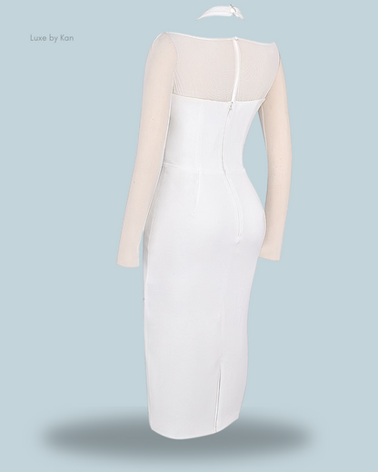 House of CB Yasmin white plunge midi dress featuring sheer long sleeves, a fitted silhouette, a back zipper, and a smooth, elegant finish.