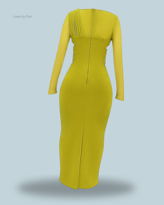 A vibrant yellow House of CB Zahra plunge maxi dress featuring a fitted silhouette and textured detailing along the back.